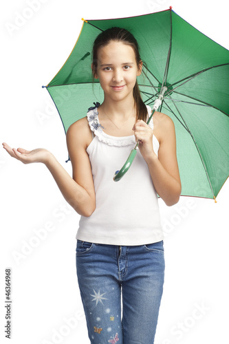 smiling girl with green umbrella