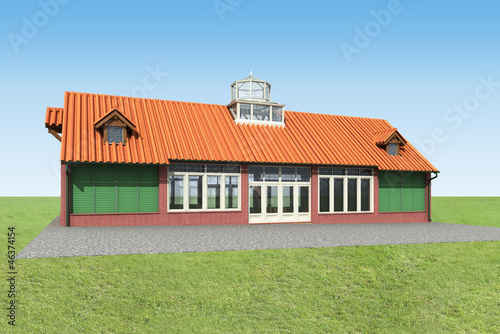 Rendering of a barn house with a turret