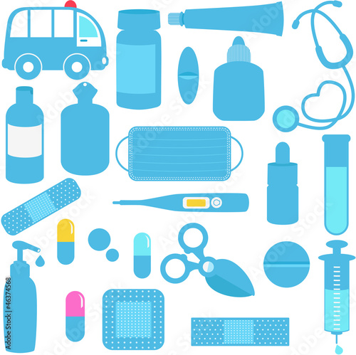 Medicines, Pills, Medical Equipments in Blue