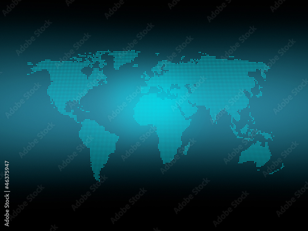 Dotted world map with glow on dark background Dotted world map with glow on dark background