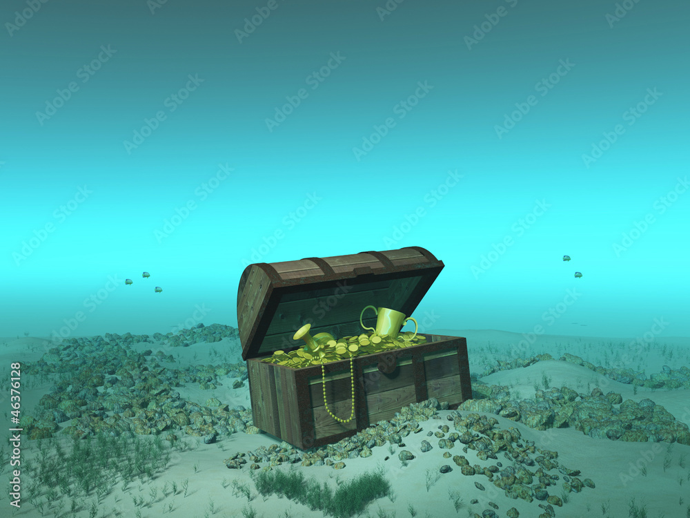 Cofre con tesoro en el fondo del mar Stock Illustration | Adobe Stock