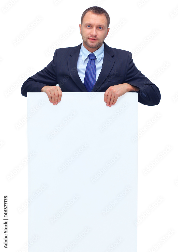 Portrait of happy business man showing blank signboard Portrait of happy business man showing blank signboard
