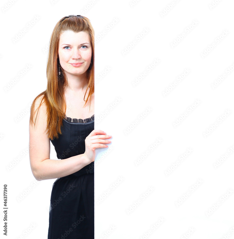 Happy smiling young business woman showing blank signboard Happy smiling young business woman showing blank signboard
