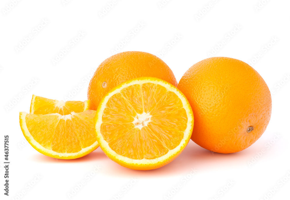 Sliced orange fruit segments isolated on white background Sliced orange fruit segments isolated on white background