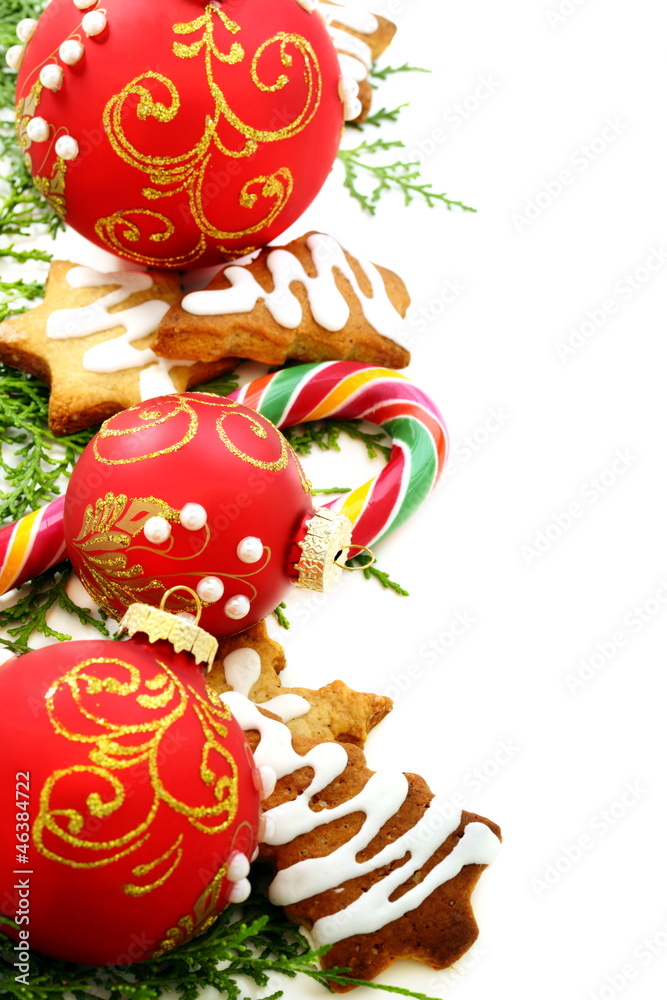 Candy, Christmas balls and ginger biscuits. Candy, Christmas balls and ginger biscuits.