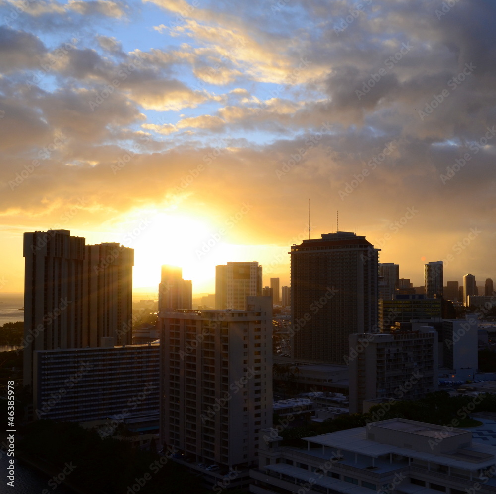 Urban Landscape Of A Downtown Honolulu Sunset
