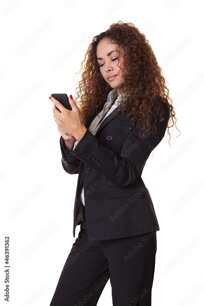 Business woman looks at her cell phone. Business woman looks at her cell phone.