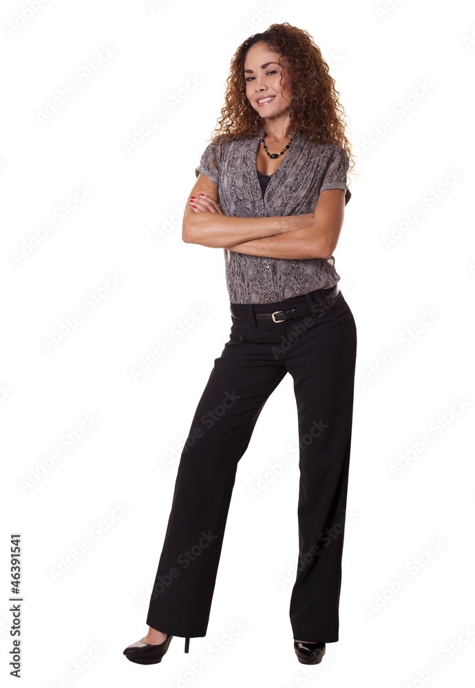 Latino woman standing isolated white background. Latino woman standing isolated white background.