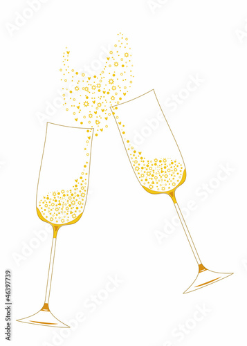Golden festive champagne glasses with decorative elements