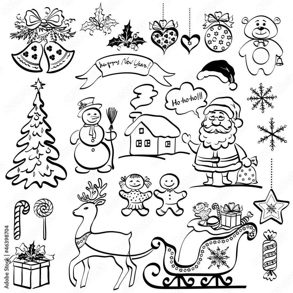 Fototapeta premium Christmas elements, black silhouettes