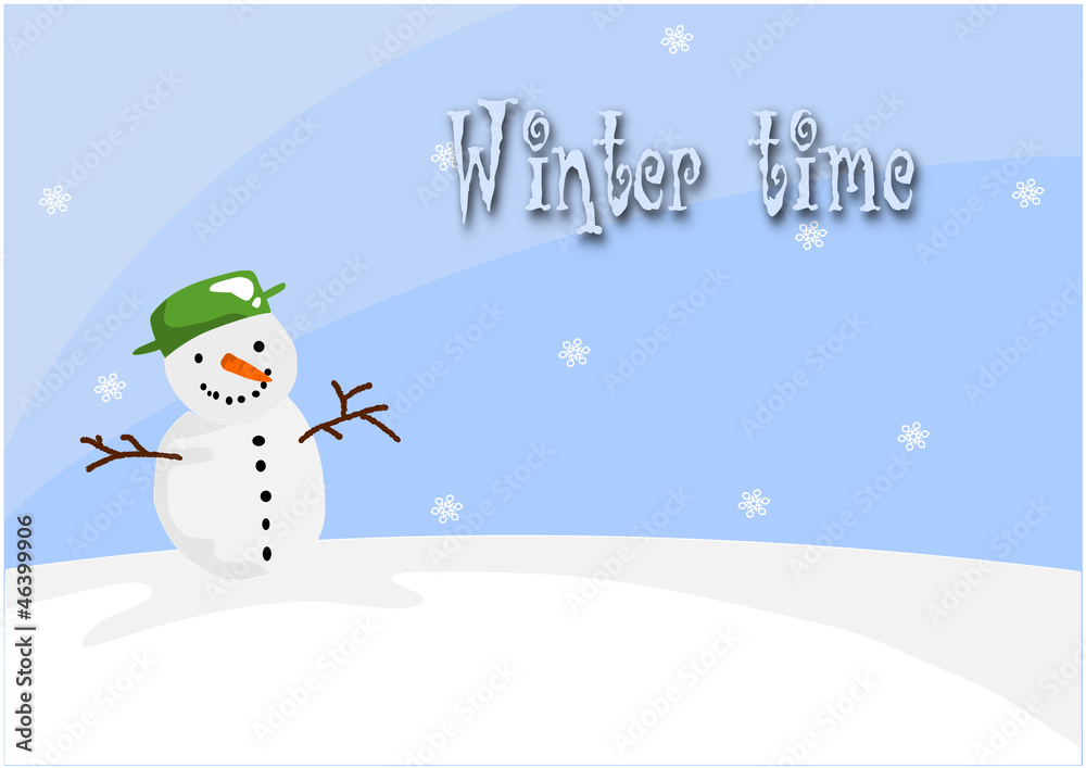Happy snowman on the hill in winter time - vector illustration.