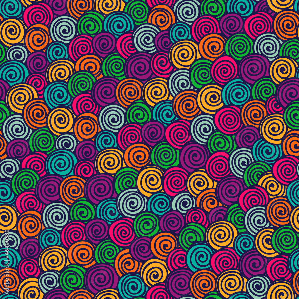 Seamless abstract hand-drawn pattern with bright color spirals
