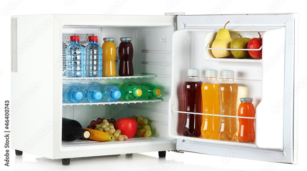 mini fridge full of bottles of juice, soda and fruit isolated - obrazy, fototapety, plakaty 