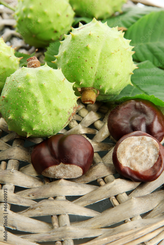 Chestnuts with leaves on wicker background Chestnuts with leaves on wicker background