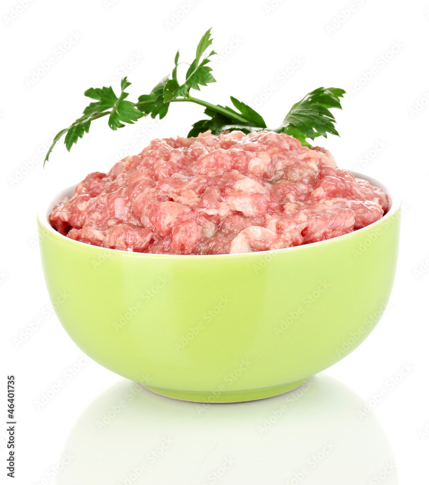 Bowl of raw ground meat isolated on white Bowl of raw ground meat isolated on white