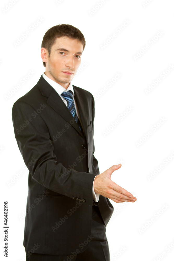 Businessman with arm out in a welcoming gesture Businessman with arm out in a welcoming gesture