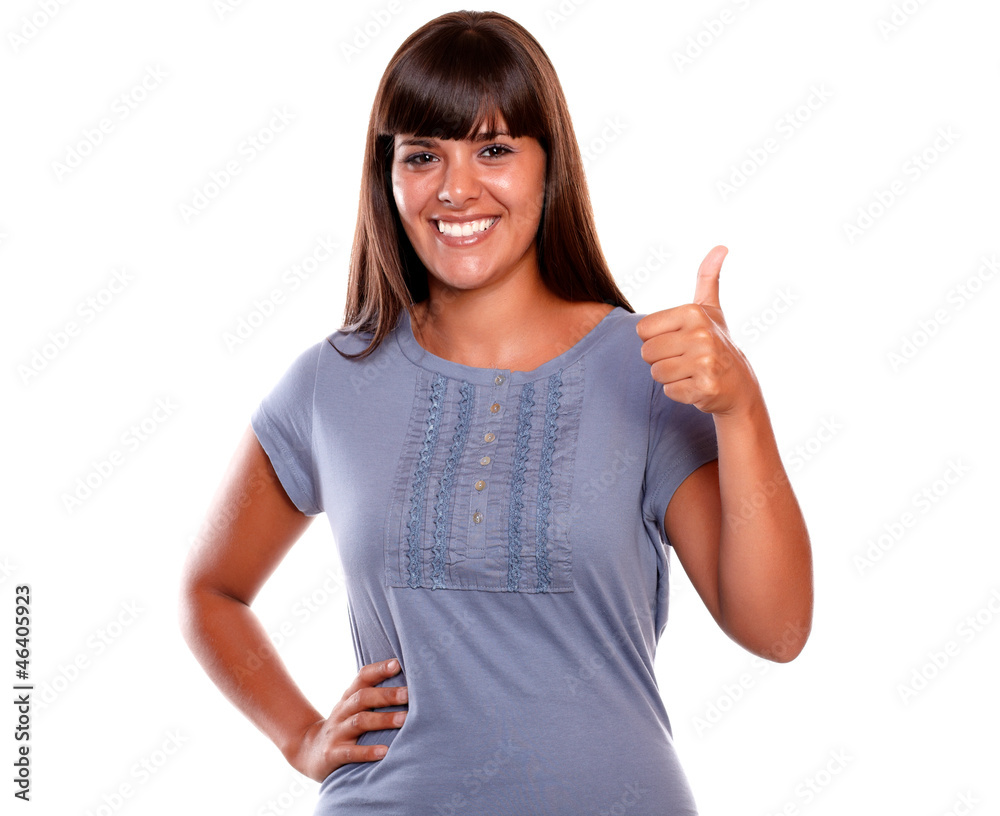 Happy young woman saying great job on blue shirt