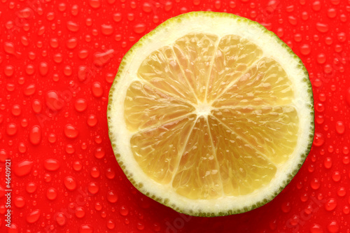 Slice of lime with drop on red background