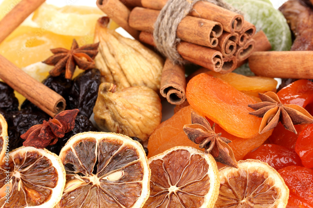 Dried fruits with cinnamon and star anise close-up Dried fruits with cinnamon and star anise close-up
