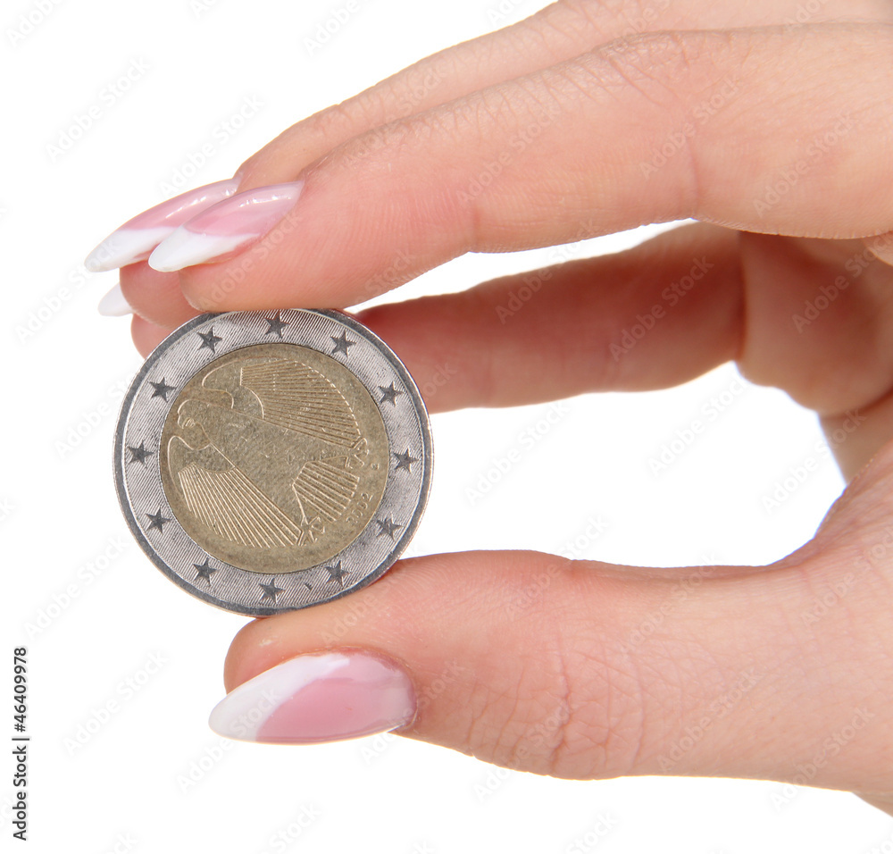 Woman hand with euro coin, isolated on white Woman hand with euro coin, isolated on white