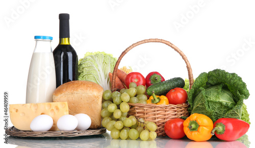 Composition with vegetables and fruits in wicker basket
