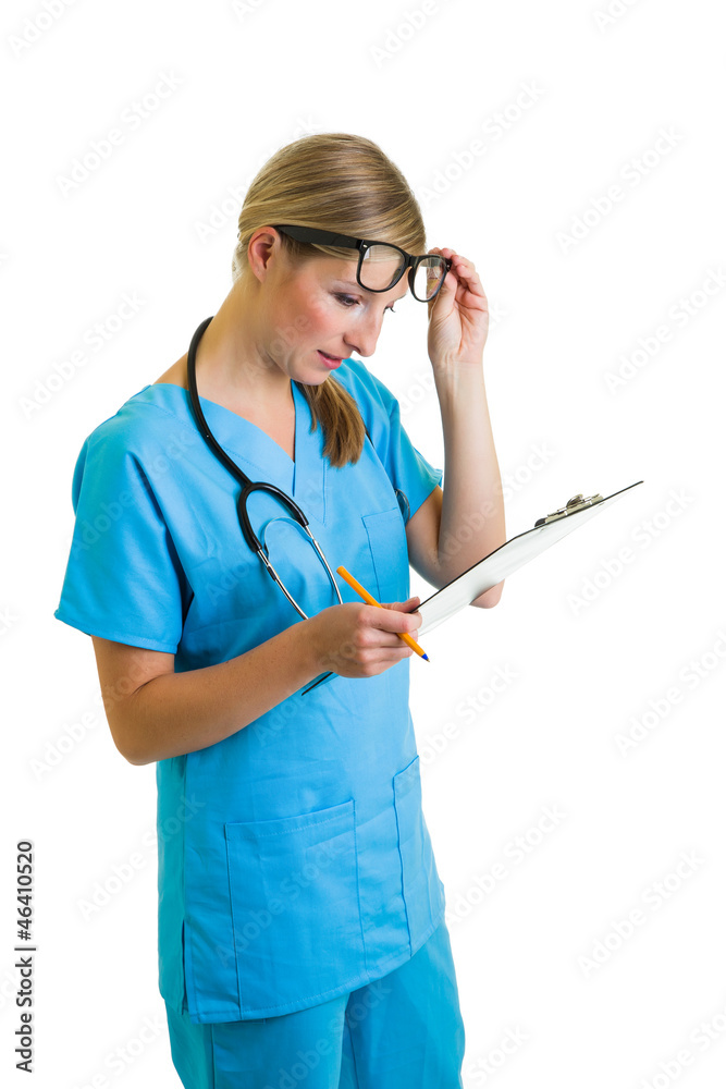 Woman in medical doctor uniform and glasses Woman in medical doctor uniform and glasses