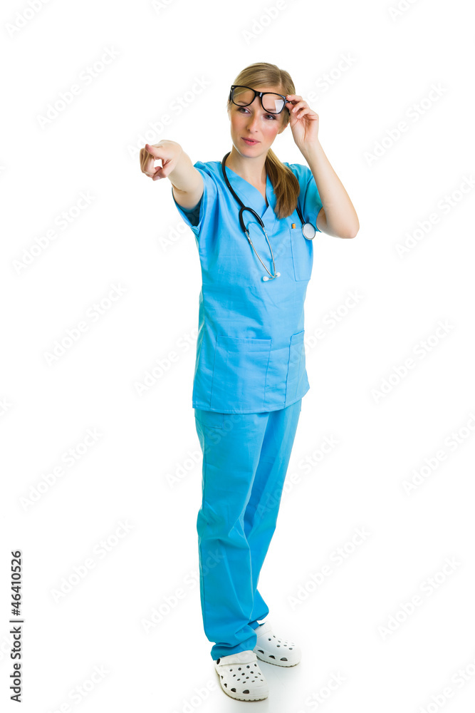 Woman in medical doctor suit isolated on white Woman in medical doctor suit isolated on white