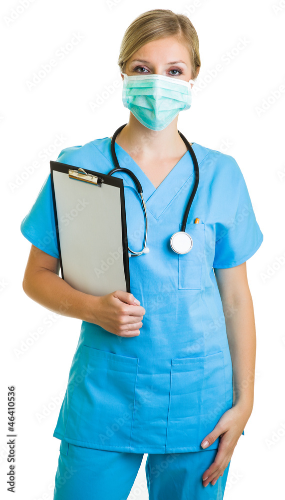Woman in medical doctor uniform holding clipboard Woman in medical doctor uniform holding clipboard