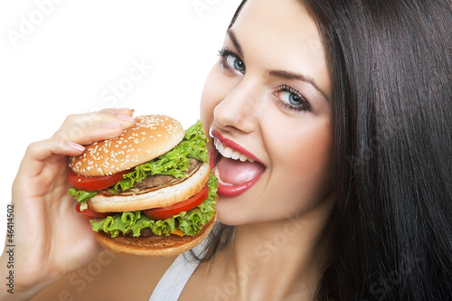 close-up portrait of girl and hamburger