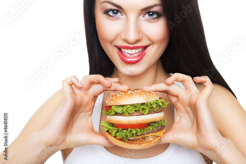 cute happy girl holding hamburger