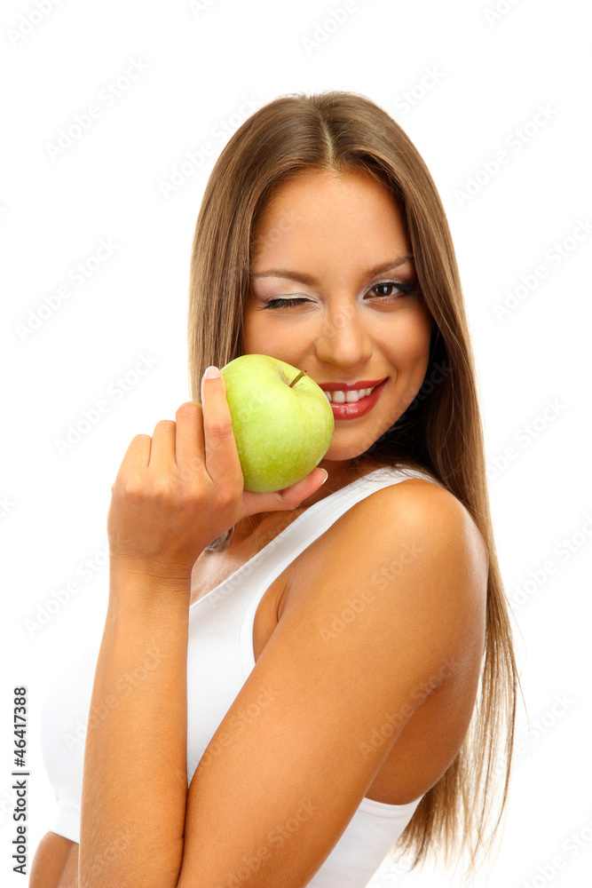 beautiful young woman with green apple, isolated on white beautiful young woman with green apple, isolated on white