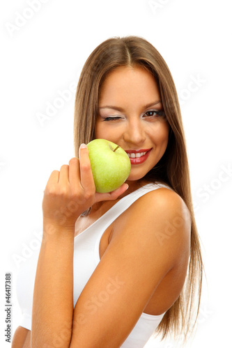 beautiful young woman with green apple, isolated on white