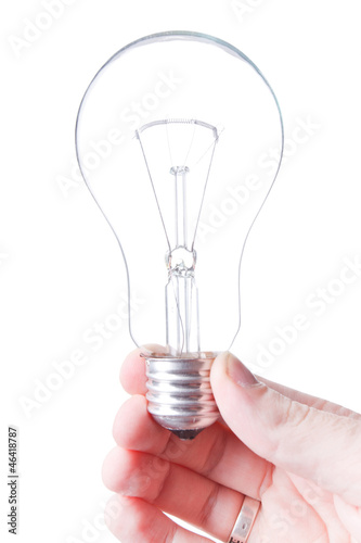 Bulb (lamp) in hand, isolated on white