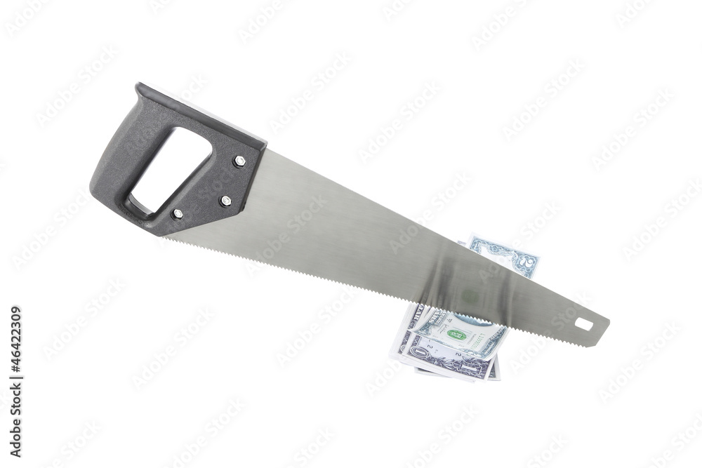 Saw black plastic handle cut cash on white background. Saw black plastic handle cut cash on white background.
