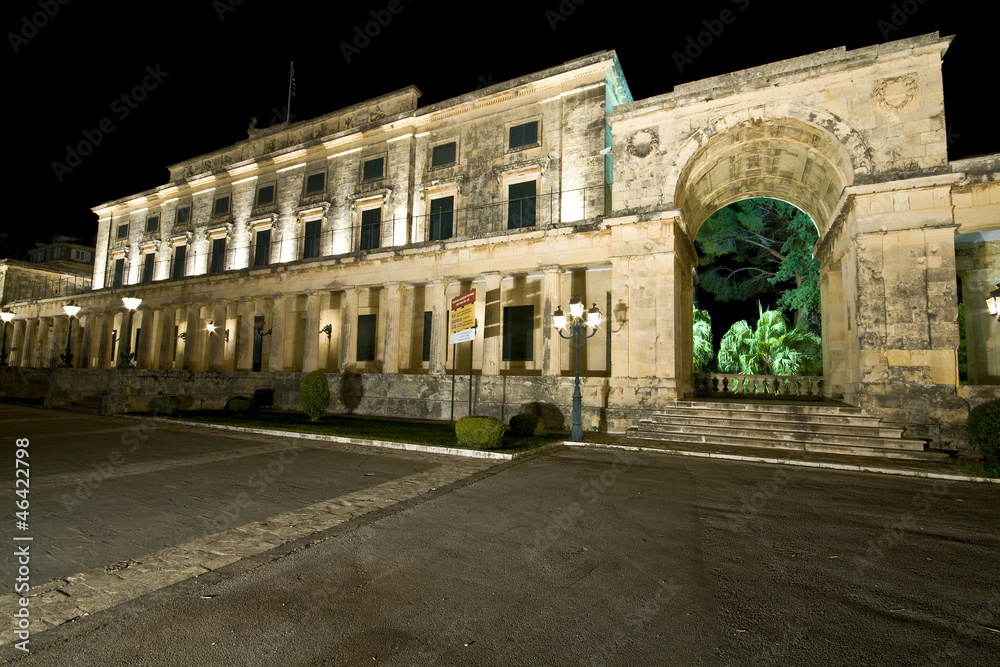 Old British palace by night at Corfu Island, Greece