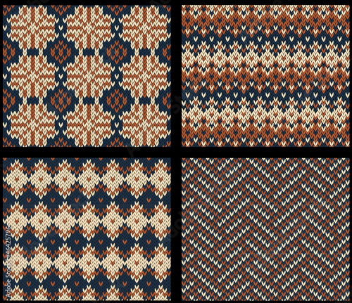 Set of four knitted swatches with fair isle patterns