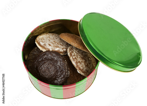 christmas tin with gingerbread cookies, isolated