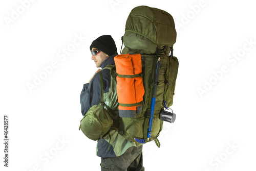 Hiker with tourist backpack on back - isolated on white
