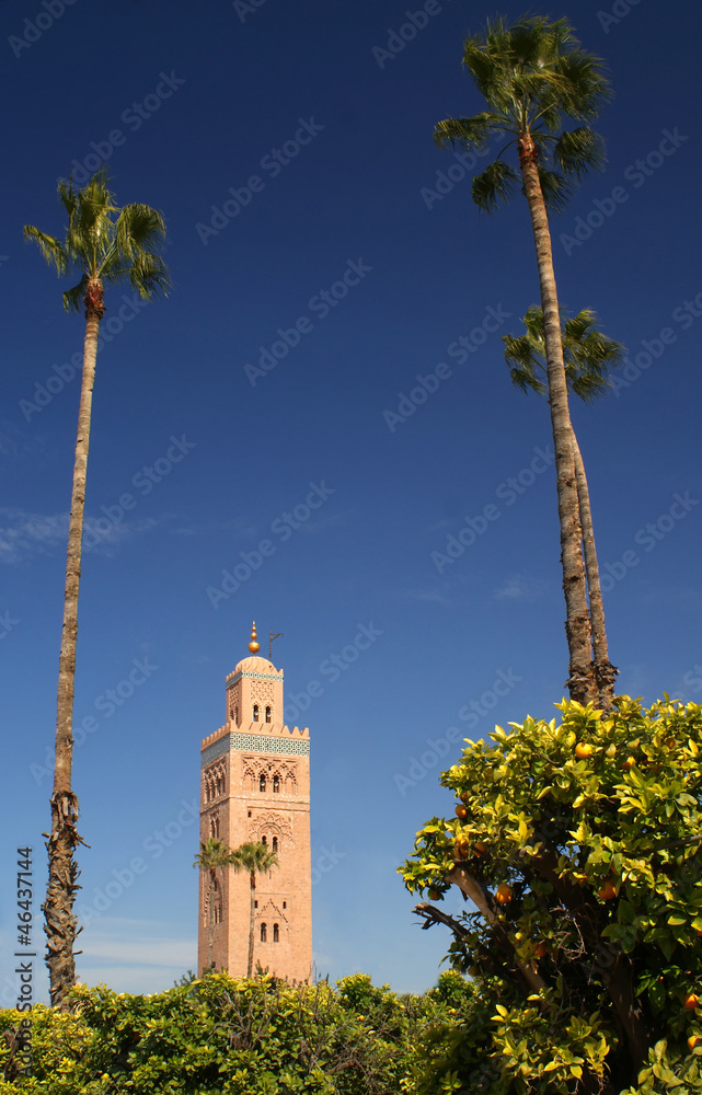 Fototapeta premium Minaret in Marrakech with the palm trees