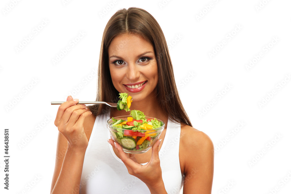beautiful young woman with salad, isolated on white beautiful young woman with salad, isolated on white