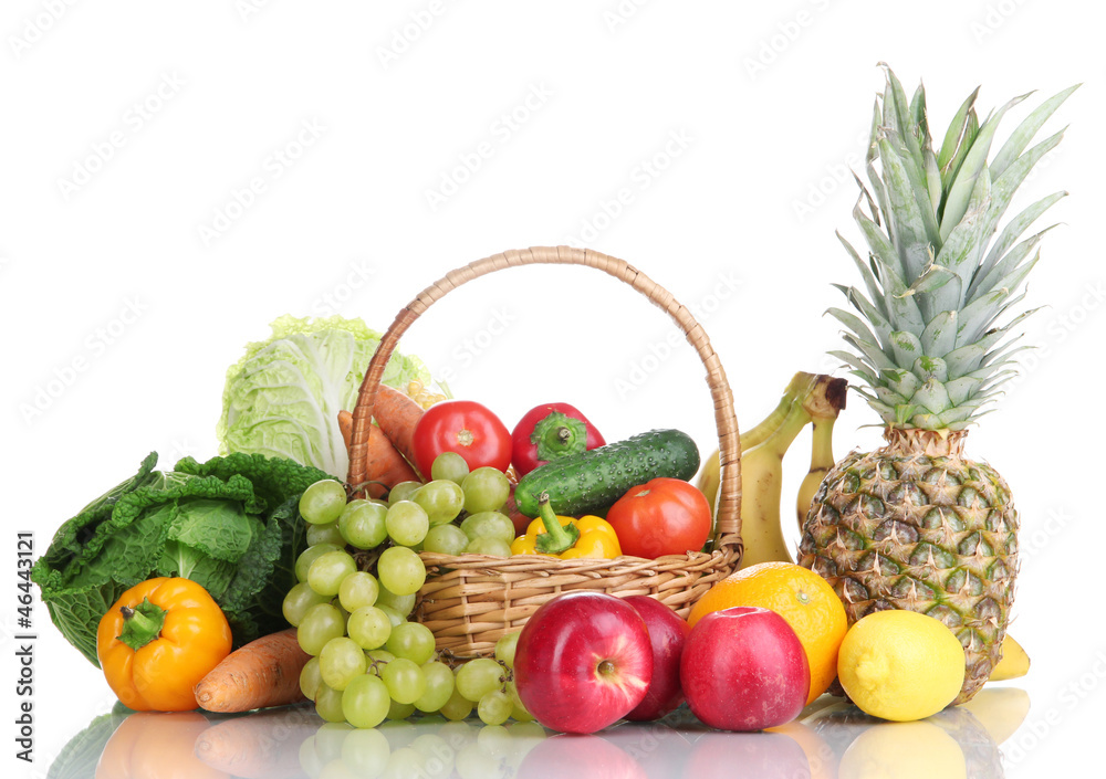 Composition with vegetables and fruits in wicker basket