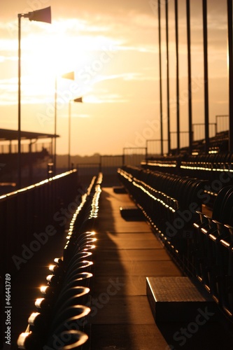 Symmetrical grandstand seating at dusk
