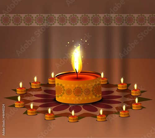 Happy diwali illuminating colorful set diya background