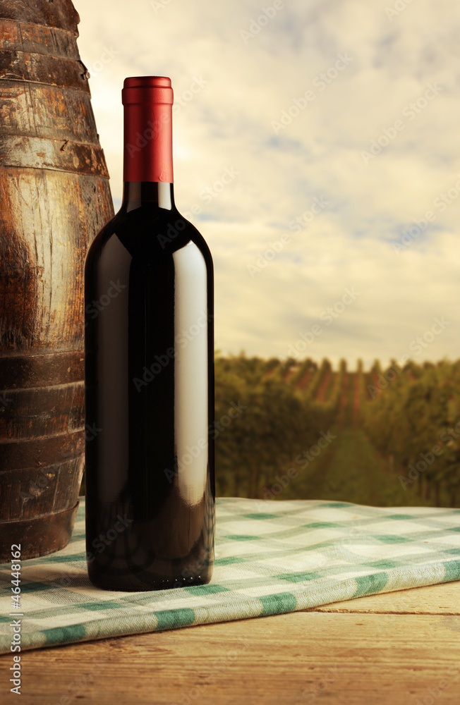red wine bottle, vineyard on background