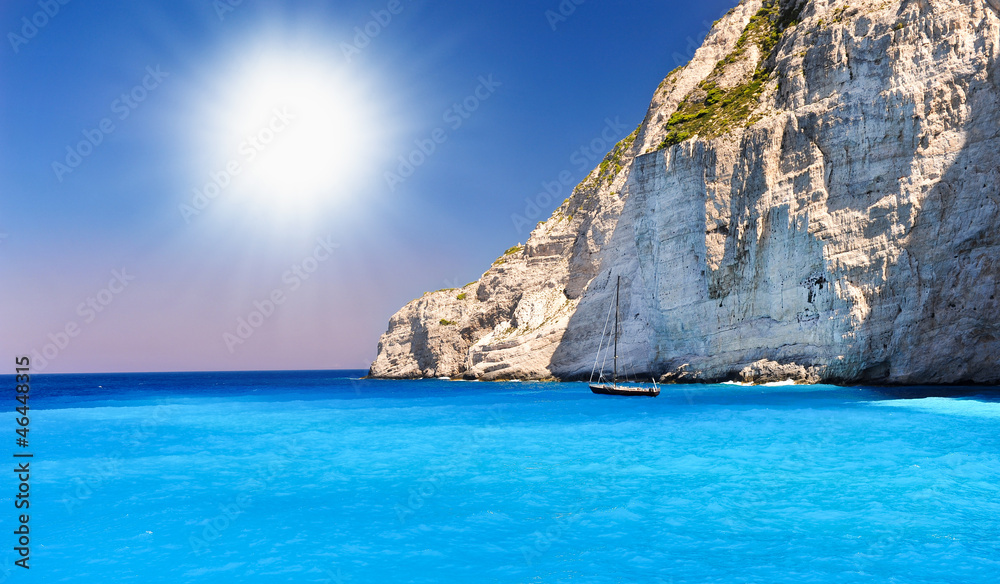 view of Navagio beach in Greece with cruiser anchoring