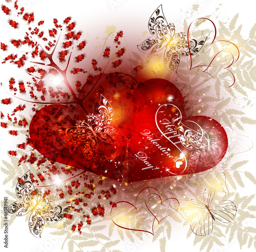 Beautiful  vector valentine card with two  red hearts
