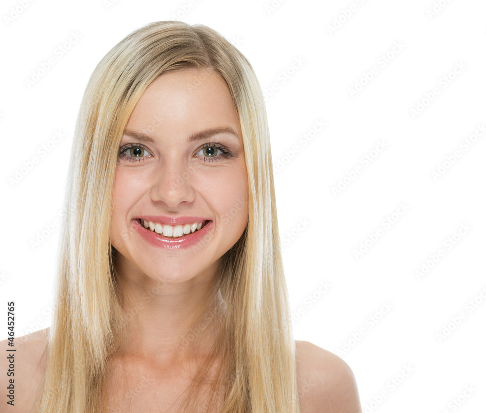 Portrait of blond hair smiling girl on white background Portrait of blond hair smiling girl on white background