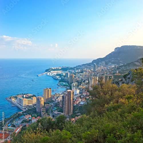 Monaco Montecarlo principality aerial view cityscape sunset. Azu