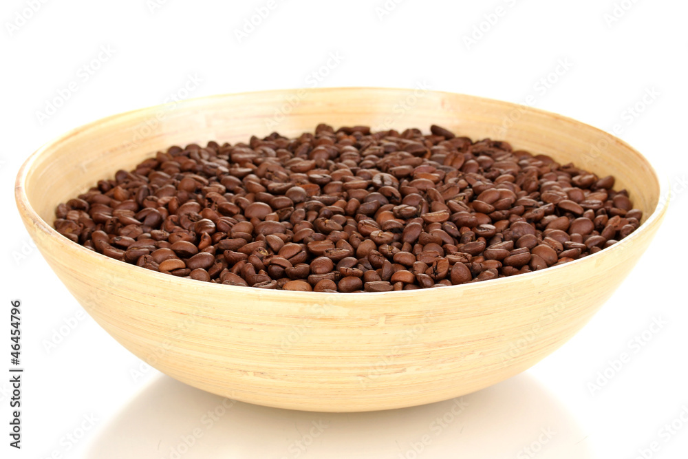 Coffee beans in bamboo bowl isolated on white Coffee beans in bamboo bowl isolated on white