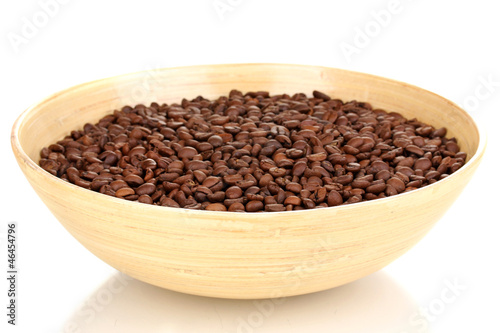 Coffee beans in bamboo bowl isolated on white